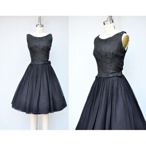 50s Black ROSES Silk Brocade Pleated Dress - Full Skirt Dress - Bombshell XS S